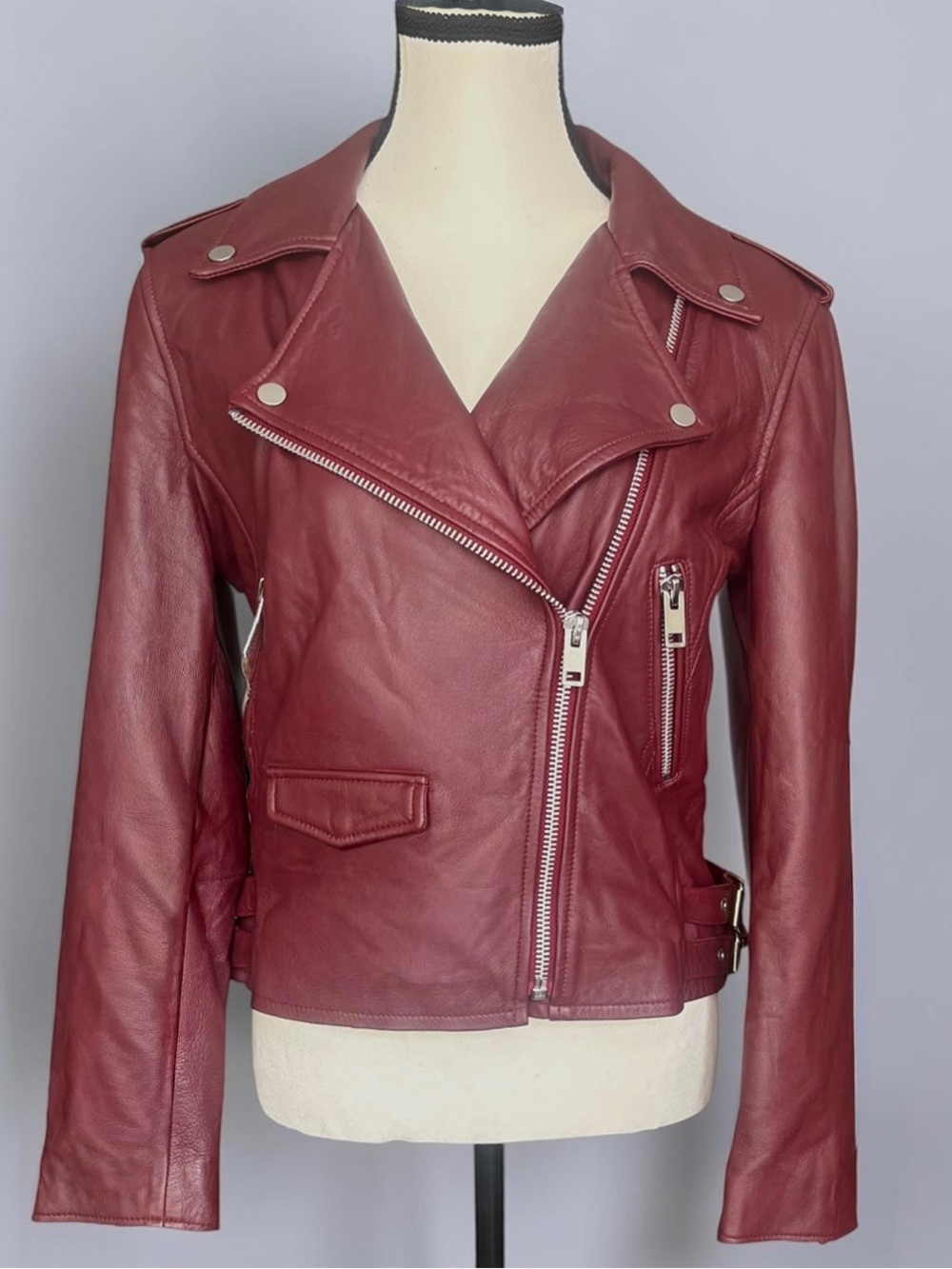 Walter Baker Liz Burgundy Lamb Leather Crop Moto Biker Jacket Size M